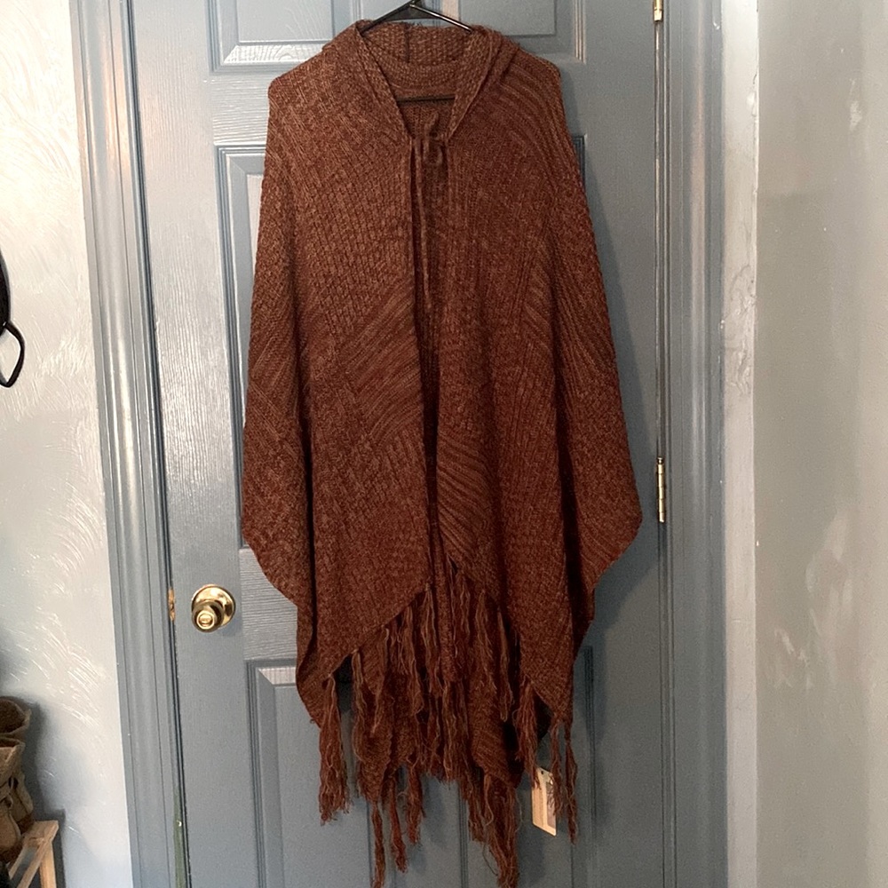 Dark orange with red details. Knit, Open front poncho. NWT
